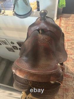 Western saddle, vintage antique western decor, 16 seat brown leather