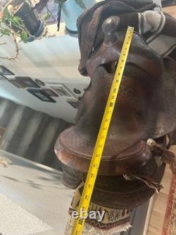 Western saddle, vintage antique western decor, 16 seat brown leather