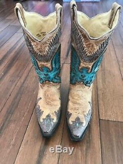 Womens 7.5 Corral Antique Saddle Turquoise/Brown Eagle Overlay Cowboy Boots