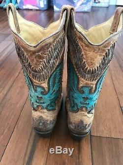 Womens 7.5 Corral Antique Saddle Turquoise/Brown Eagle Overlay Cowboy Boots