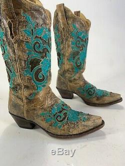 Womens Primo Distressed Corral Saddle Turquoise Inlay Studs Cowboy Boots 8