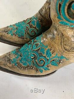 Womens Primo Distressed Corral Saddle Turquoise Inlay Studs Cowboy Boots 8