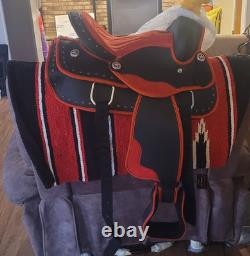 Youth 13 In Red with silver studded western show saddle Set With Blanket