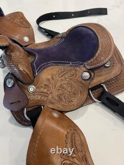 Youth Kid Western Barrel Trail Saddle Floral Tooled Leather Purple Suede Seat