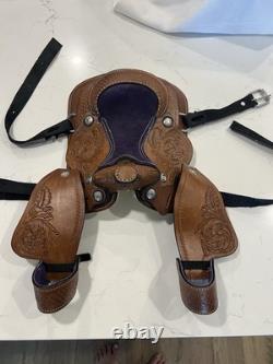 Youth Kid Western Barrel Trail Saddle Floral Tooled Leather Purple Suede Seat
