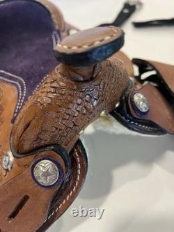 Youth Kid Western Barrel Trail Saddle Floral Tooled Leather Purple Suede Seat