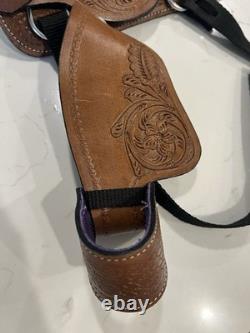 Youth Kid Western Barrel Trail Saddle Floral Tooled Leather Purple Suede Seat