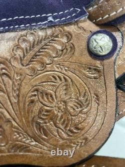 Youth Kid Western Barrel Trail Saddle Floral Tooled Leather Purple Suede Seat