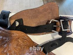 Youth Kid Western Barrel Trail Saddle Floral Tooled Leather Purple Suede Seat