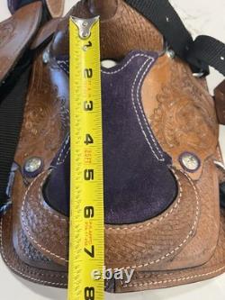 Youth Kid Western Barrel Trail Saddle Floral Tooled Leather Purple Suede Seat