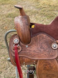 Youth Kids Western Pleasure/Trail Saddle With Brown Suede Seat Floral Tooled