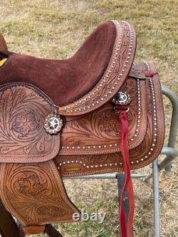Youth Kids Western Pleasure/Trail Saddle With Brown Suede Seat Floral Tooled