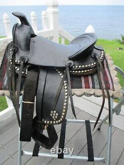 Youth Pony 12'' Black leather studded western trail parade saddle pony BARS