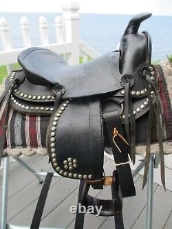 Youth Pony 12'' Black leather studded western trail parade saddle pony BARS