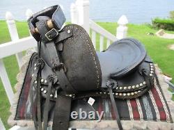 Youth Pony 12'' Black leather studded western trail parade saddle pony BARS