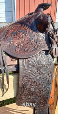 #h1250 14 Big Horn Western Show Saddle Beautiful Tooled Leather Free Shipping