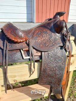 #h1250 14 Big Horn Western Show Saddle Beautiful Tooled Leather Free Shipping
